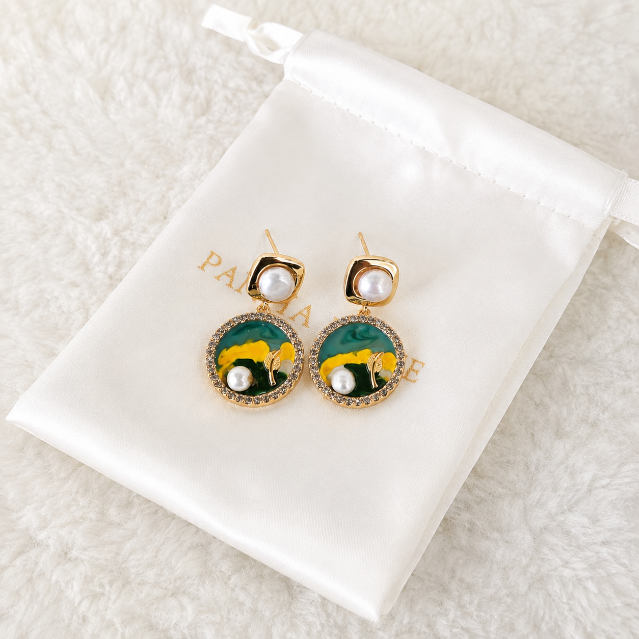 24K Gold Plated Oil Painting Abstract Enamel Pearl Crystal Drop Earrings