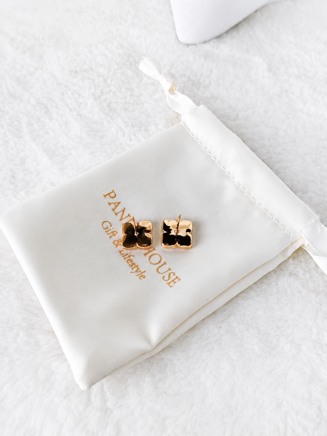 24K Gold Plated White Enamel Four Petal Flower Crystal Stud Earrings – Panda House