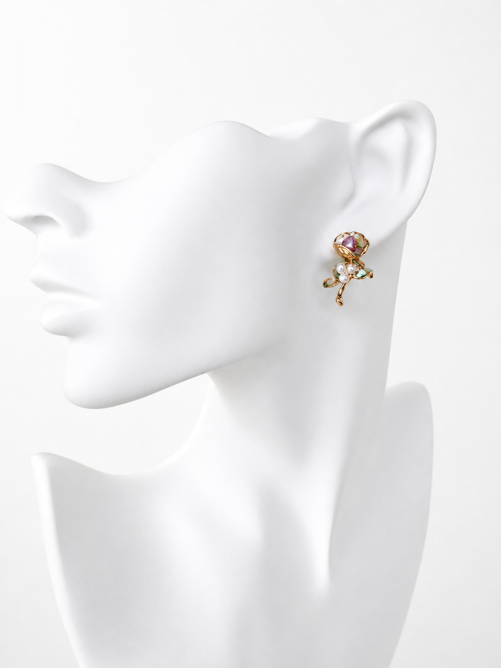 24K Gold Plated Baroque Pearl Rose Bud Green Crystal Leaf Stud Earrings – Panda House