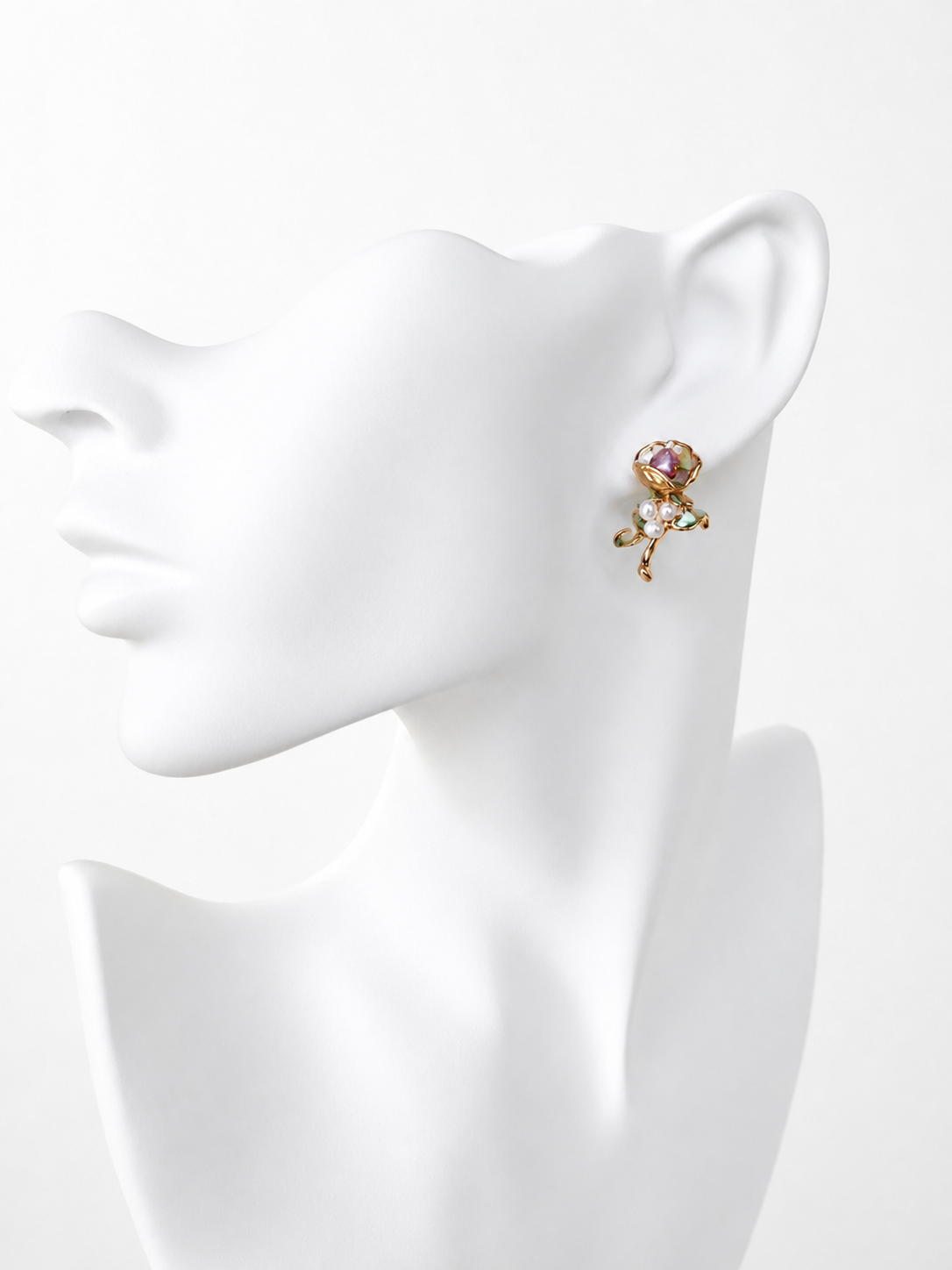 24K Gold Plated Baroque Pearl Rose Bud Green Crystal Leaf Stud Earrings – Panda House