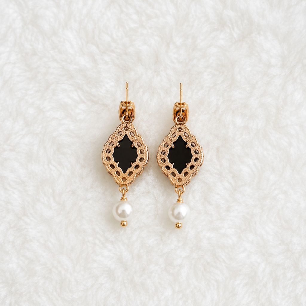Gold Plated Gothic Baroque Black Gem Emerald Crystal Pearl Drop Earrings – Panda House