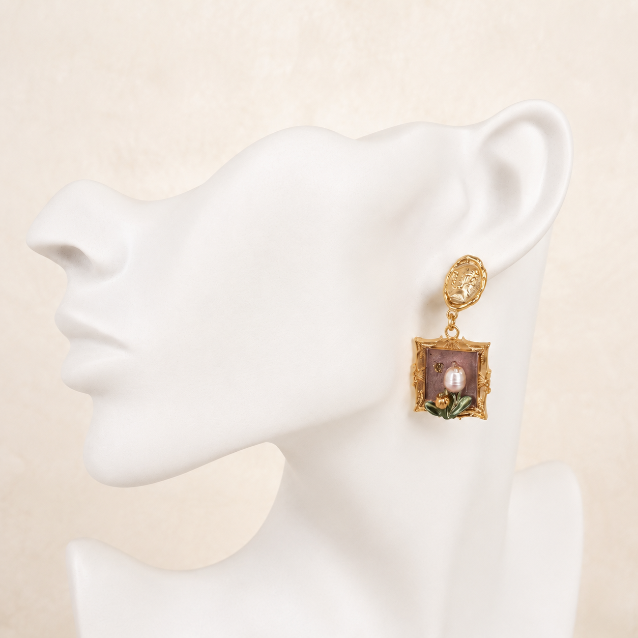 24K Gold Plated Roman Goddess Cameo Oil Painting Frame Pearl Drop Earrings