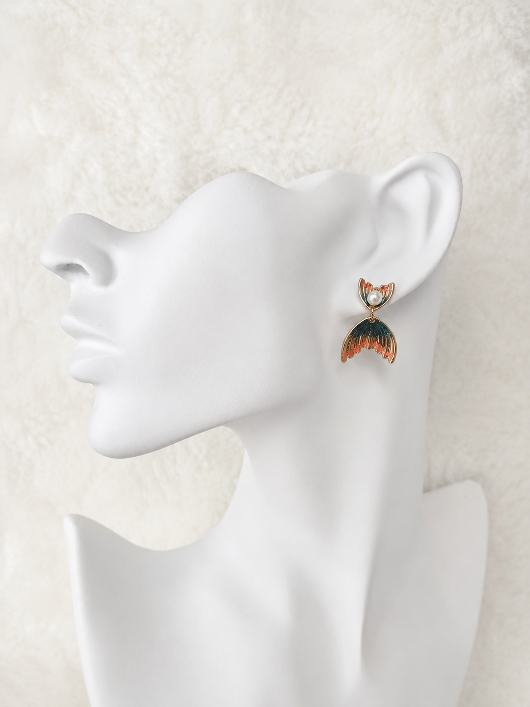 24K Gold Plated Fan Wing Pearl Teal Orange Enamel Drop Earrings – Panda House