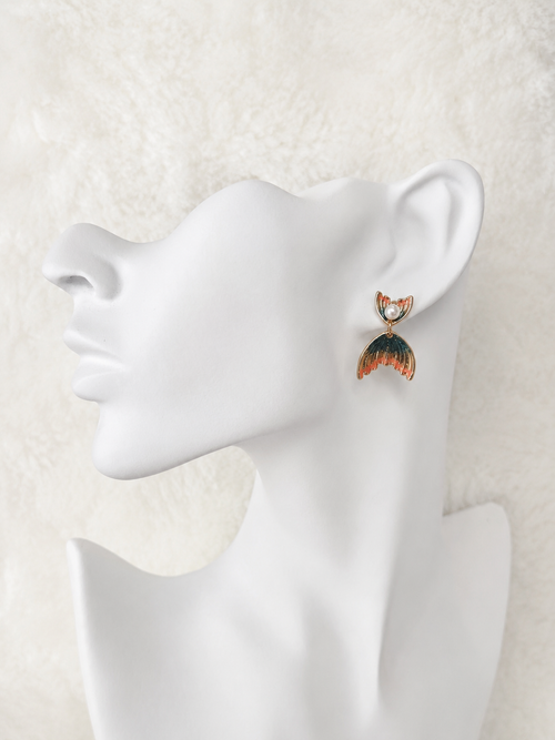 24K Gold Plated Fan Wing Pearl Teal Orange Enamel Drop Earrings – Panda House