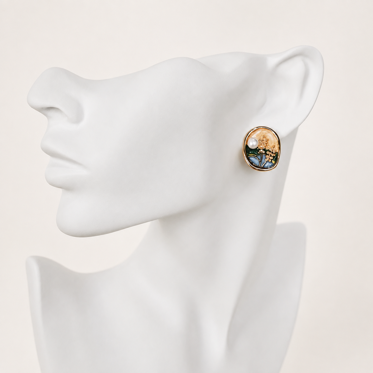 24K Gold Plated Midnight Garden Oval Enamel Pearl Stud Earrings – Panda House