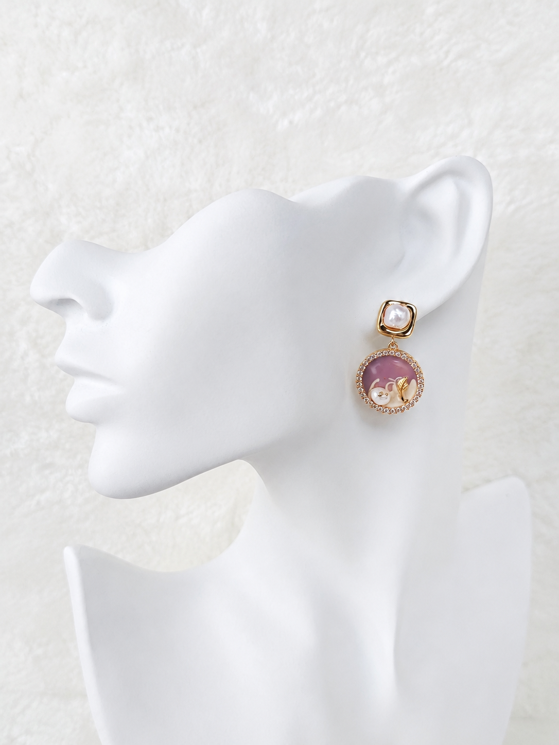 24K Gold Plated Baroque Pearl Stud Crystal Halo Lavender Enamel Drop Earrings – Panda House