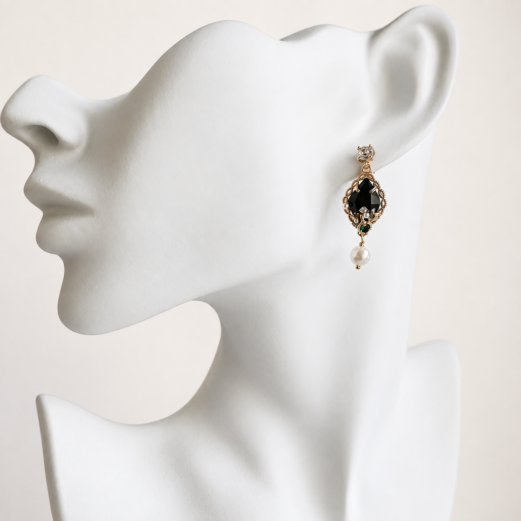 Gold Plated Gothic Baroque Black Gem Emerald Crystal Pearl Drop Earrings – Panda House