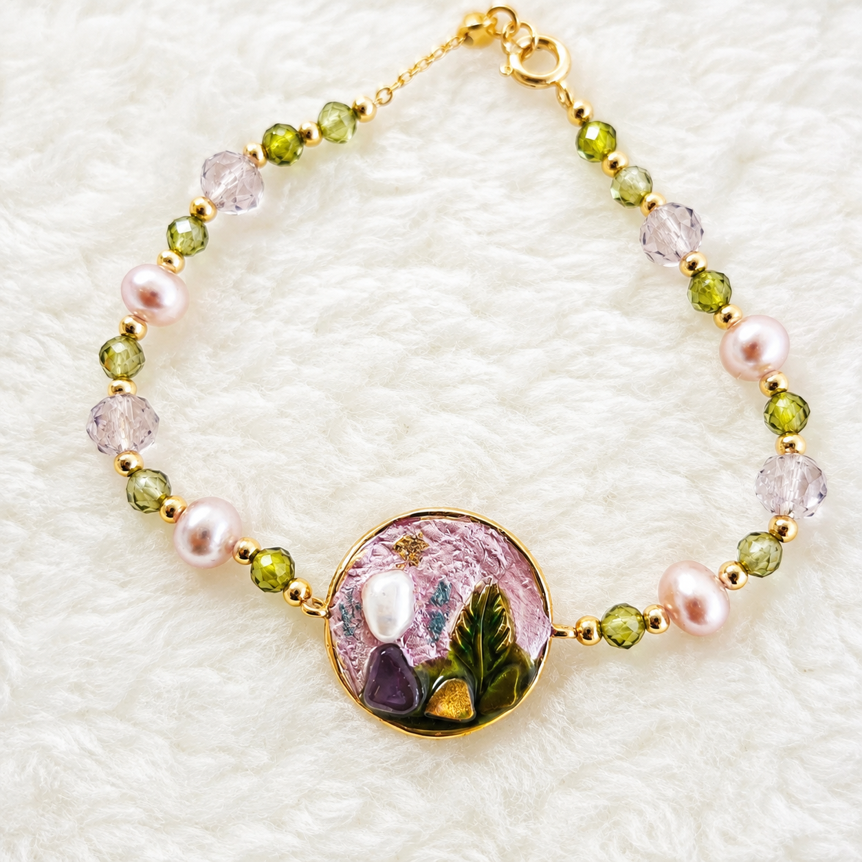 24K Gold Plated Olive Green Natural Stone & Lavender Crystal Bead Bracelet – Panda House