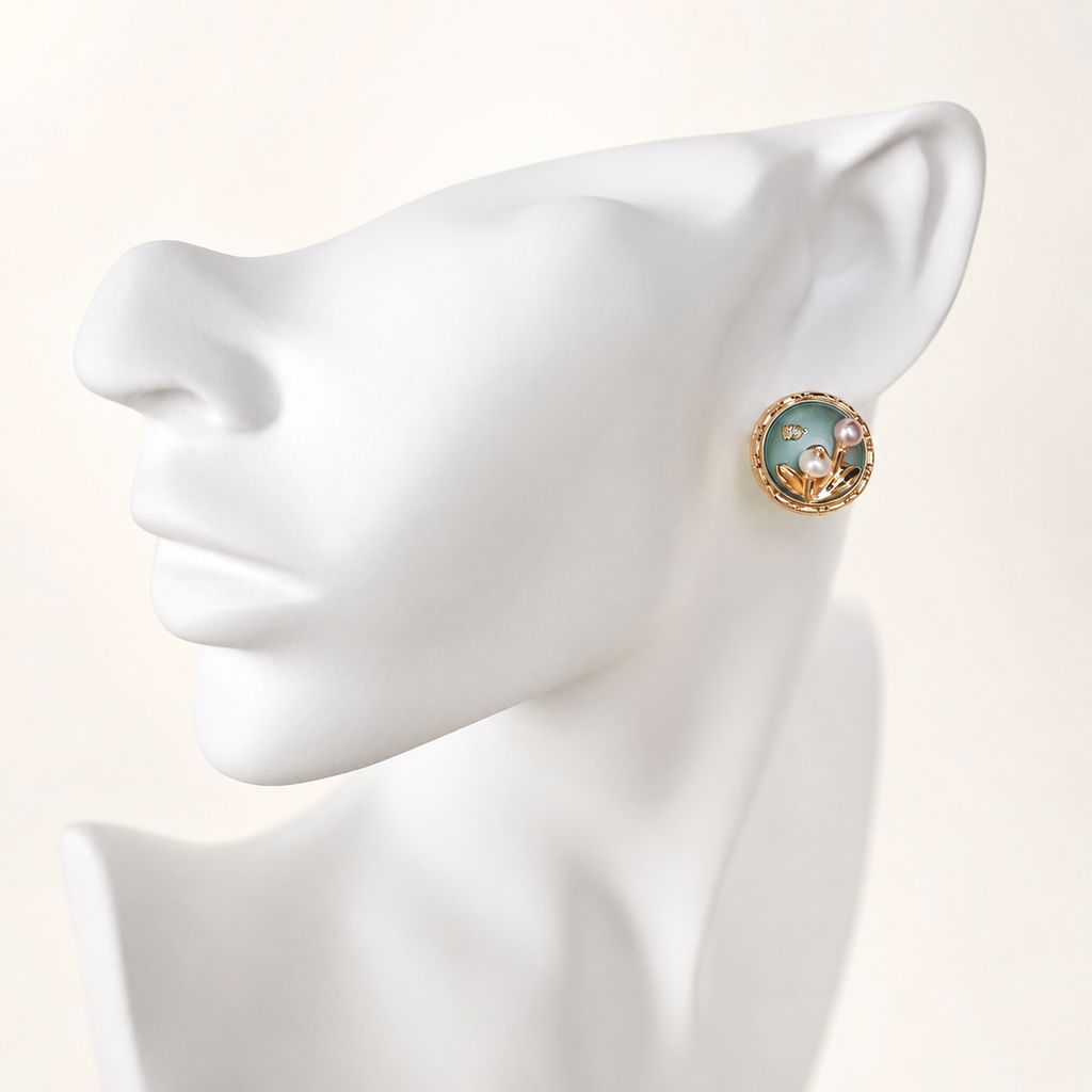 24K Gold Plated Botanical Resin Pearl Round Rope Frame Stud Earrings