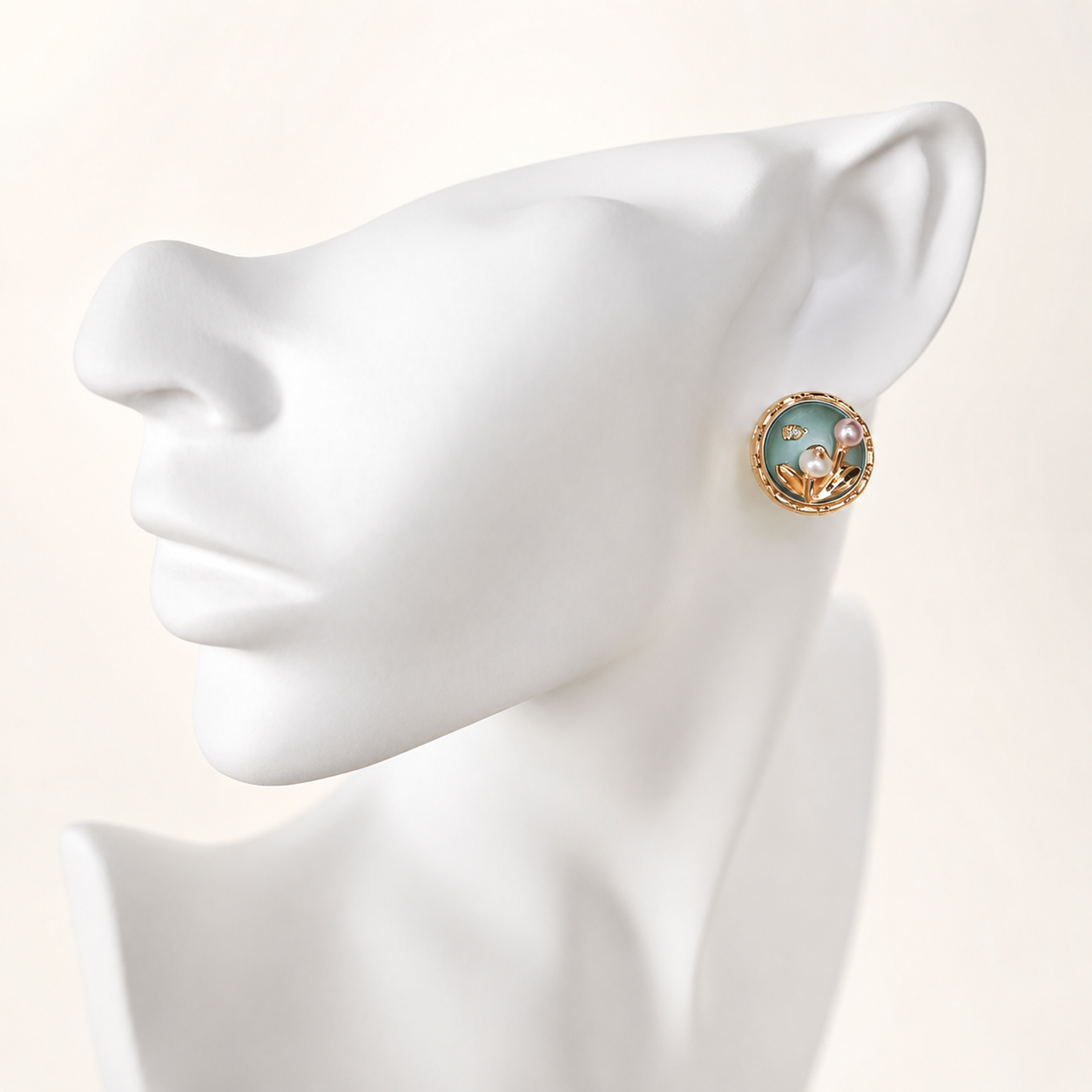 24K Gold Plated Botanical Resin Pearl Round Rope Frame Stud Earrings