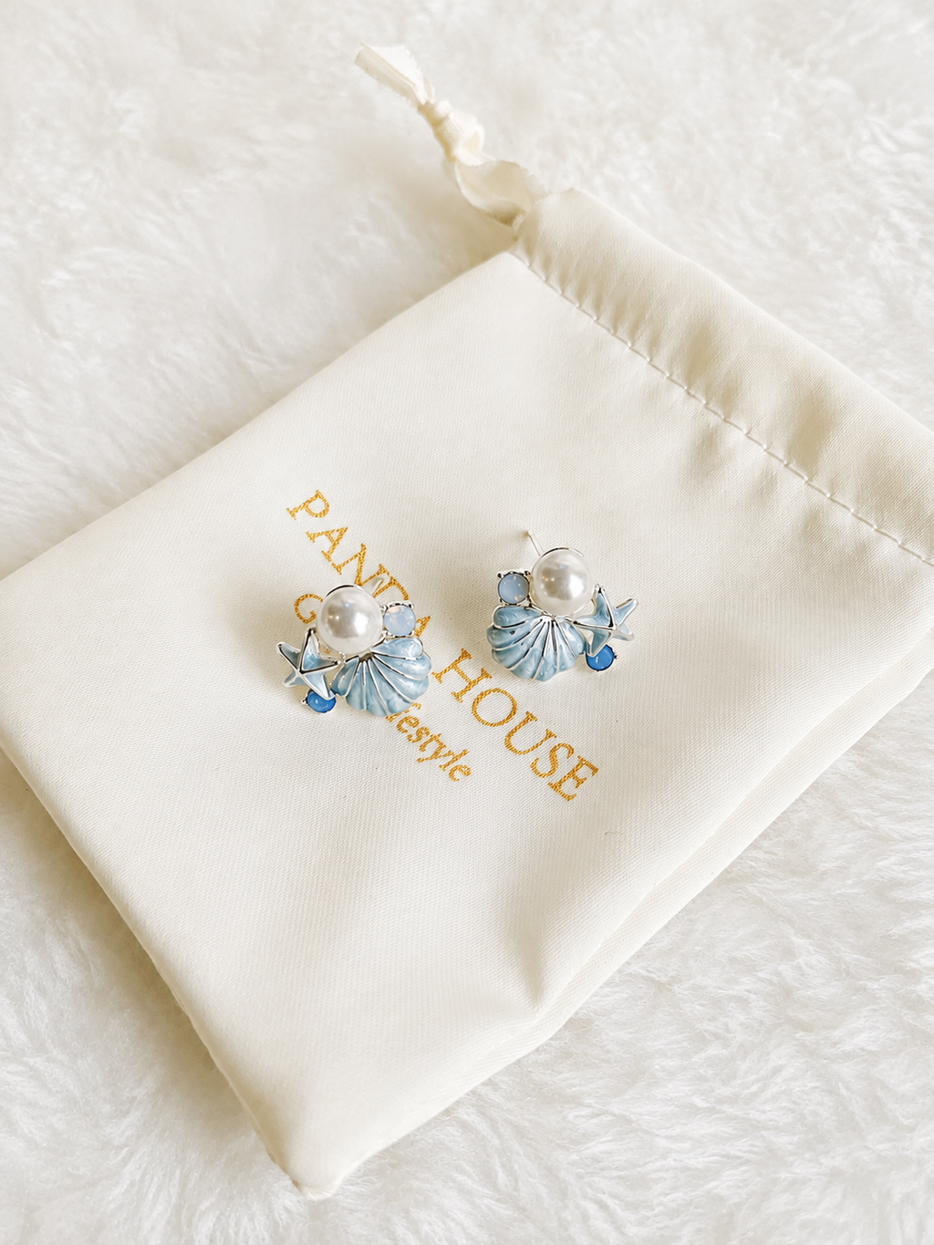 S925 Sterling Silver Scallop Shell Blue Enamel Pearl & Crystal Stud Earrings – Panda House
