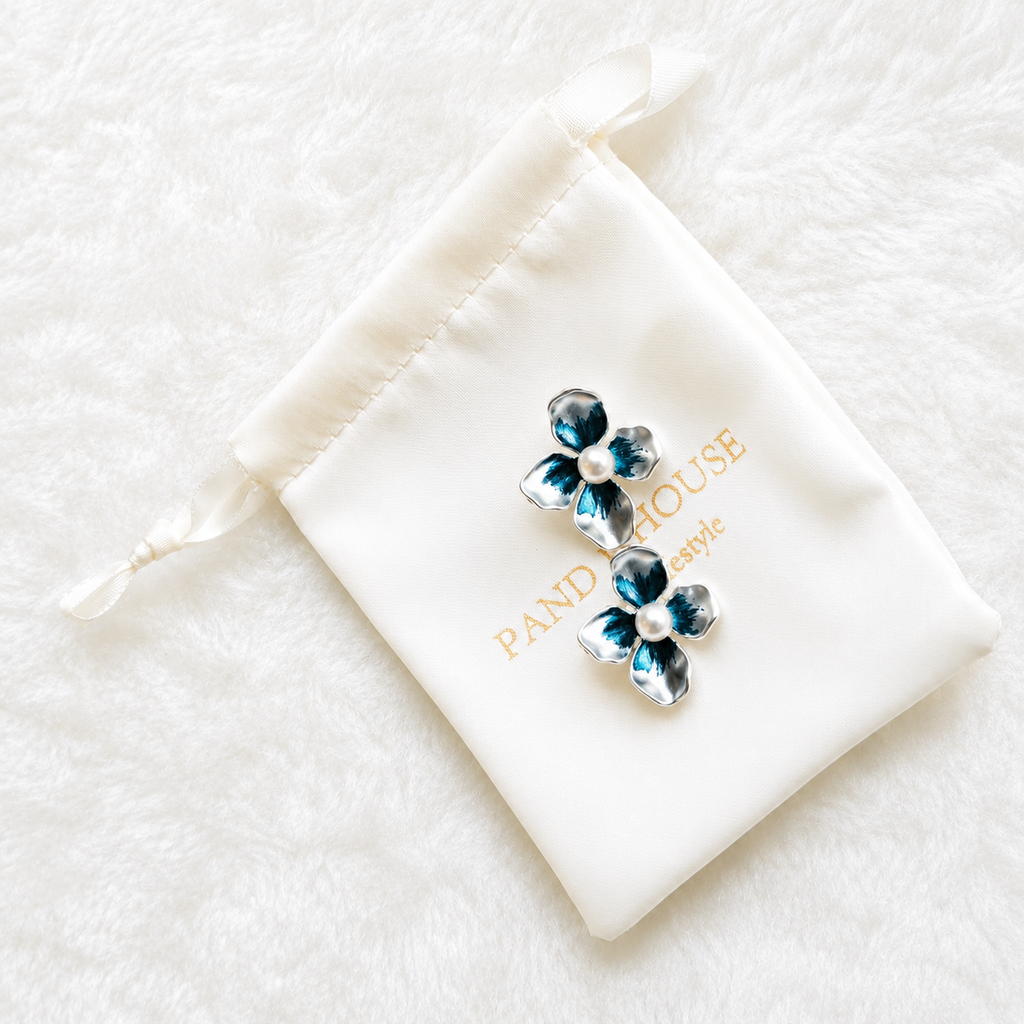S925 Sterling Silver Four Petal Navy Blue Enamel Pearl Stud Earrings – Panda House