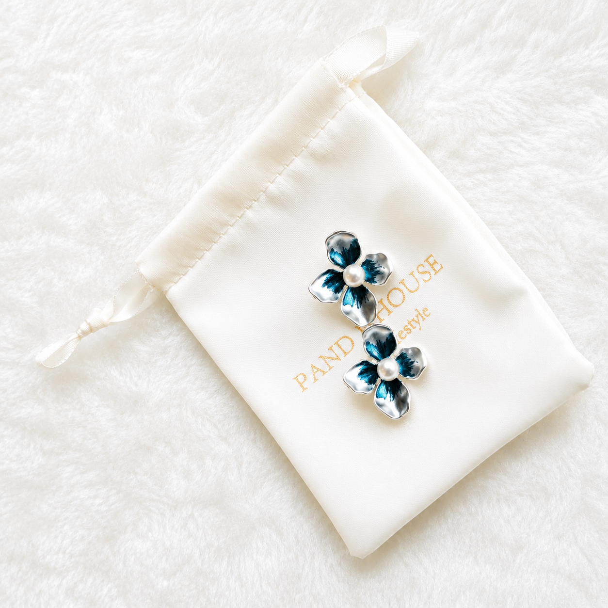 S925 Sterling Silver Four Petal Navy Blue Enamel Pearl Stud Earrings – Panda House
