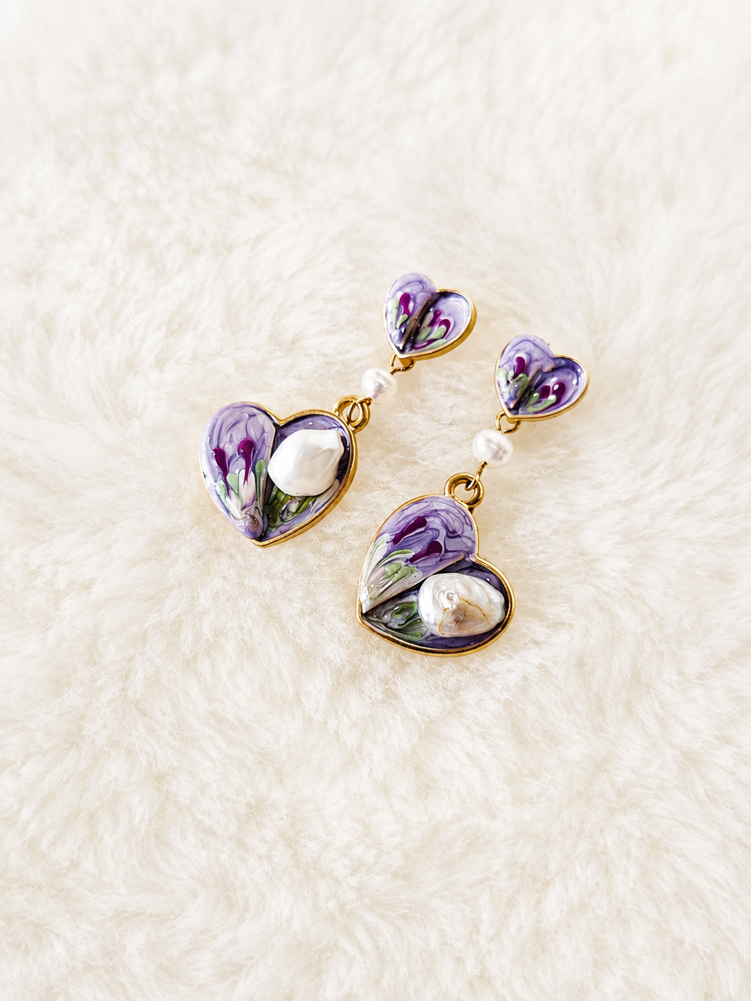 24K Gold Plated Double Heart Purple Iris Enamel Baroque Pearl Drop Earrings – Panda House