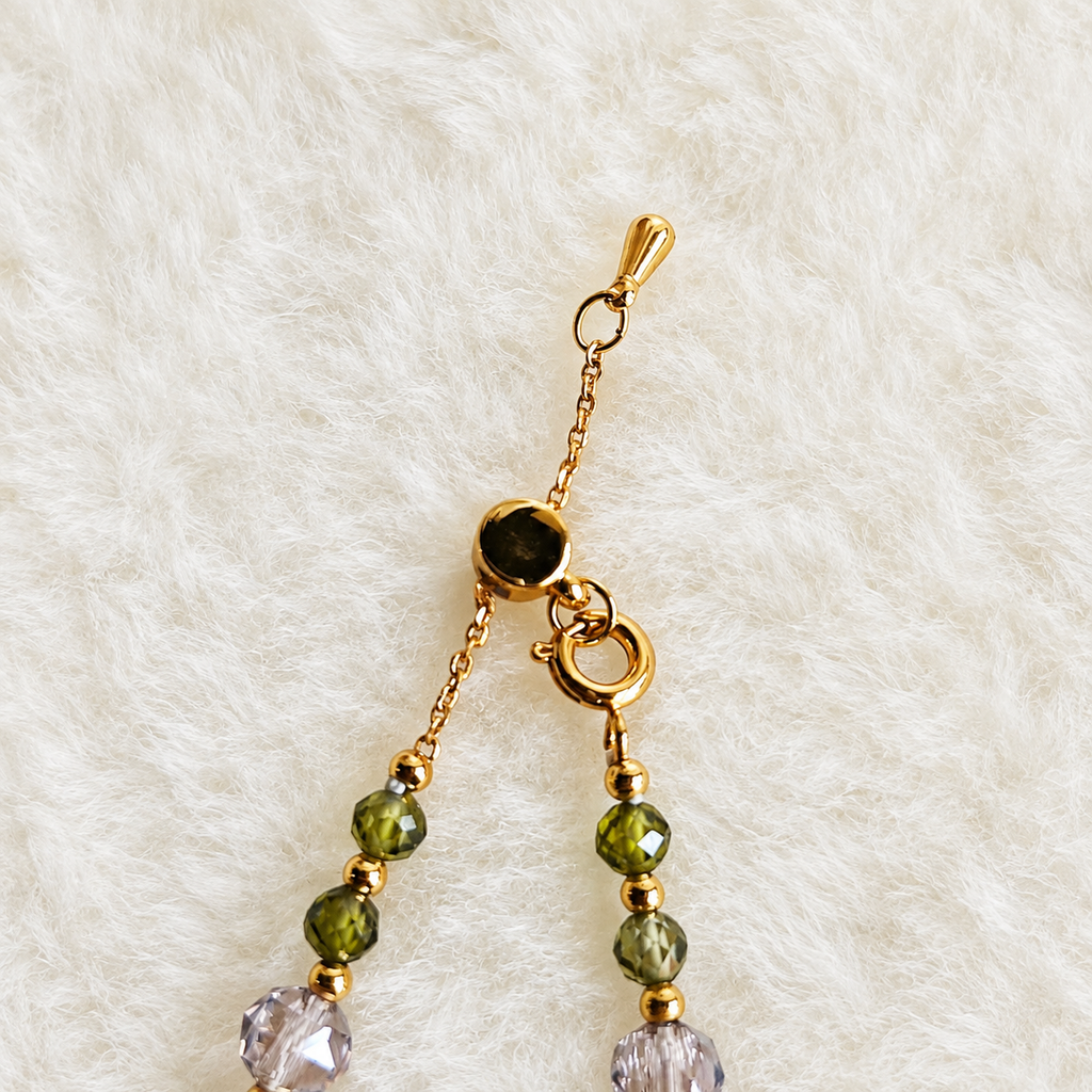 24K Gold Plated Olive Green Natural Stone & Lavender Crystal Bead Bracelet – Panda House