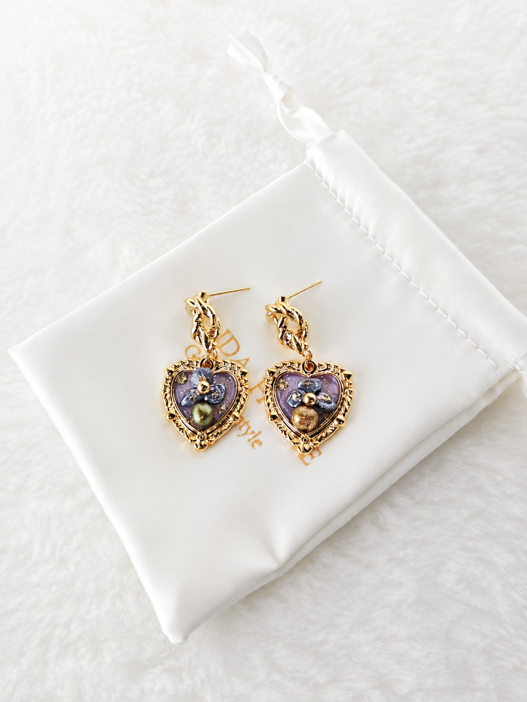 24K Gold Plated Twisted Chain Baroque Heart Lavender Enamel Multi-Pearl Drop Earrings – Panda House