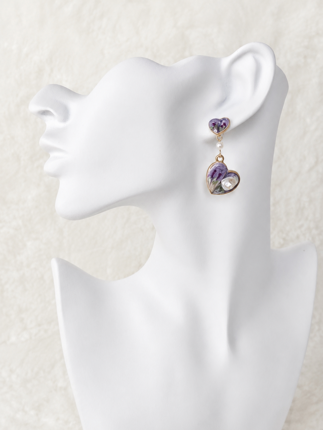 24K Gold Plated Double Heart Purple Iris Enamel Baroque Pearl Drop Earrings – Panda House