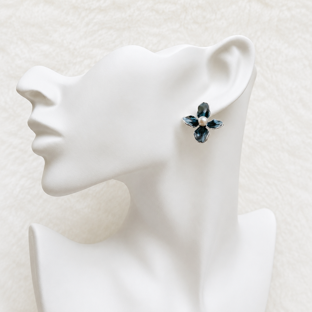 S925 Sterling Silver Four Petal Navy Blue Enamel Pearl Stud Earrings – Panda House