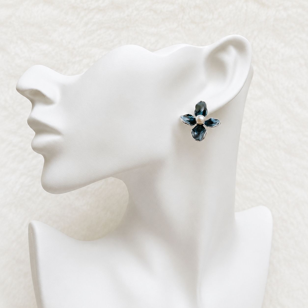 S925 Sterling Silver Four Petal Navy Blue Enamel Pearl Stud Earrings – Panda House