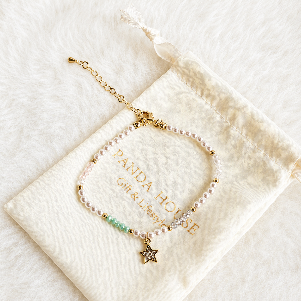 24K Gold Plated Seed Pearl Mint Green Stone & Crystal Star Charm Bracelet – Panda House