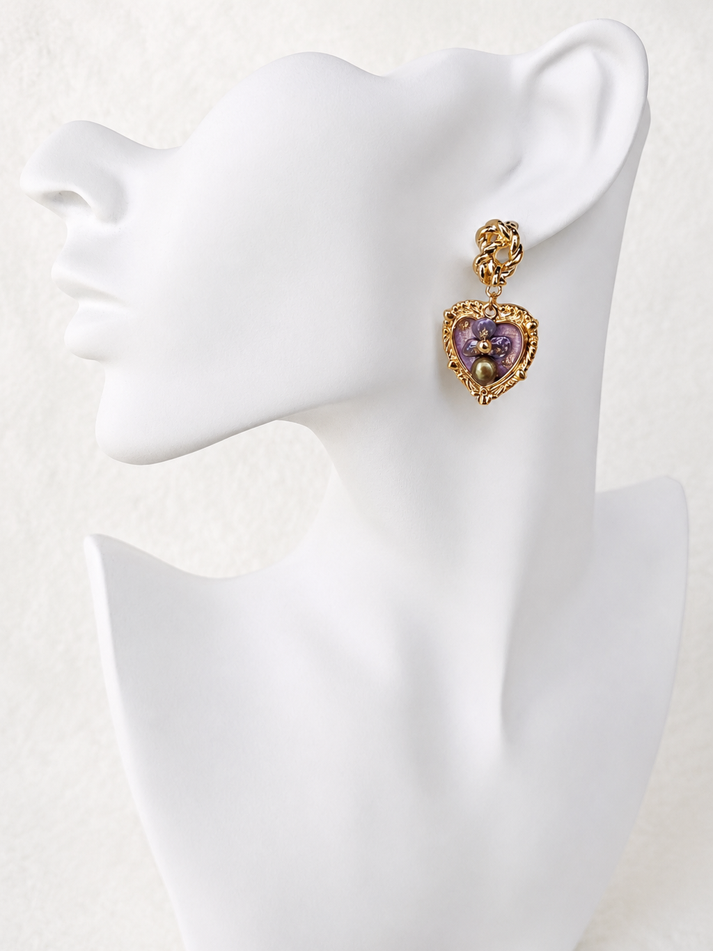 24K Gold Plated Twisted Chain Baroque Heart Lavender Enamel Multi-Pearl Drop Earrings – Panda House