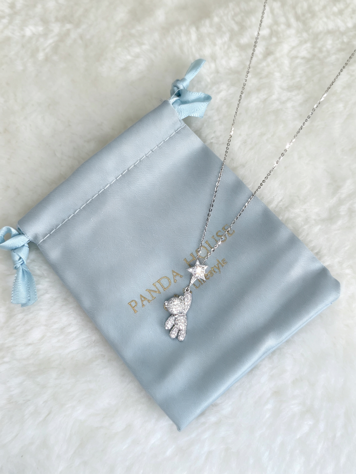 Sparkling Teddy Bear & Star Moissanite Necklace in S925 Sterling Silver