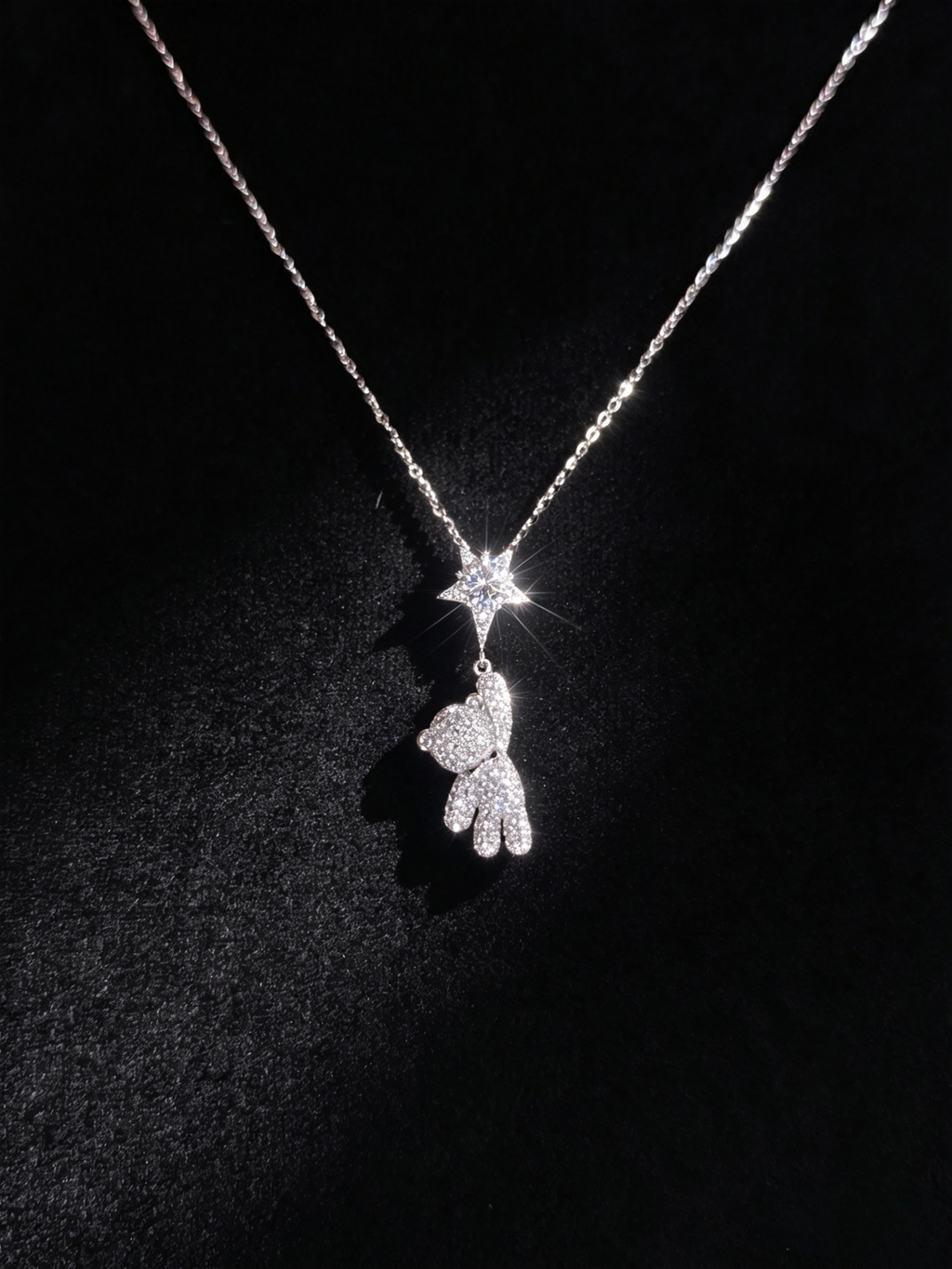 Sparkling Teddy Bear & Star Moissanite Necklace in S925 Sterling Silver