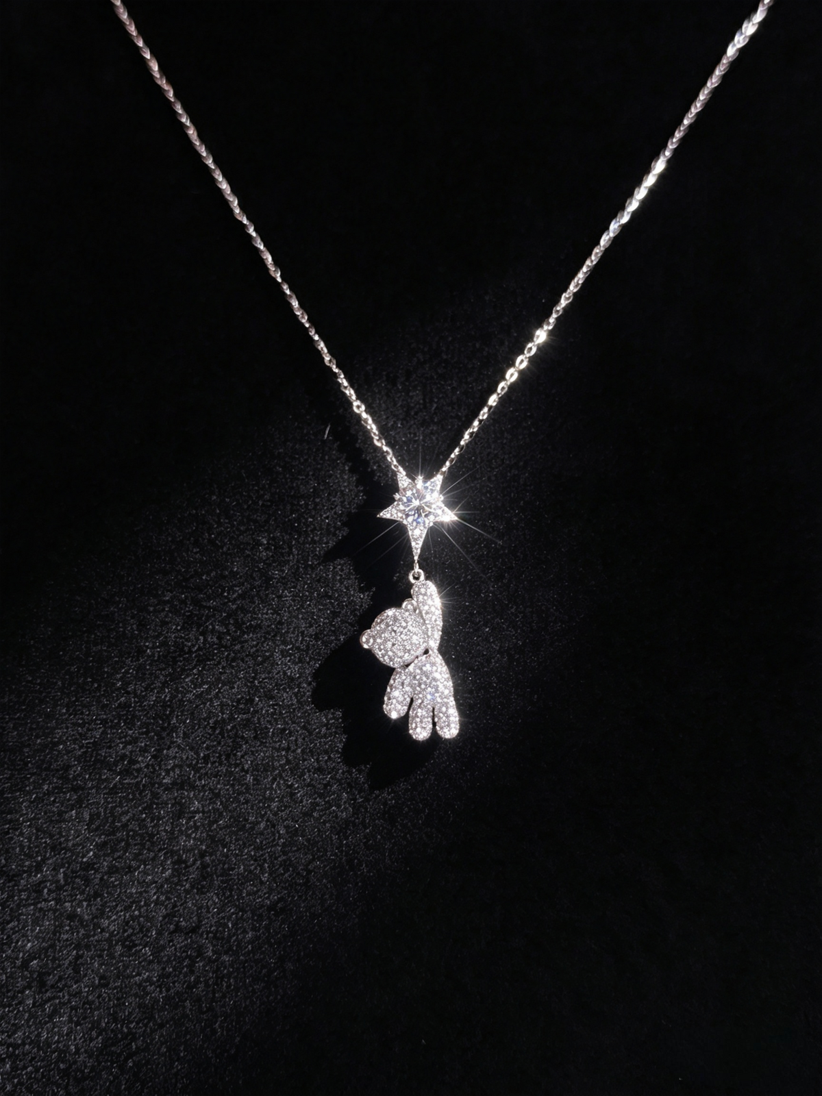 Sparkling Teddy Bear & Star Moissanite Necklace in S925 Sterling Silver