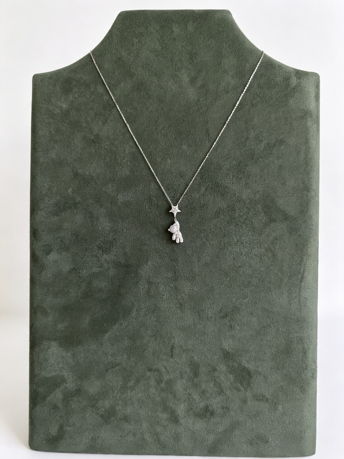 Sparkling Teddy Bear & Star Moissanite Necklace in S925 Sterling Silver