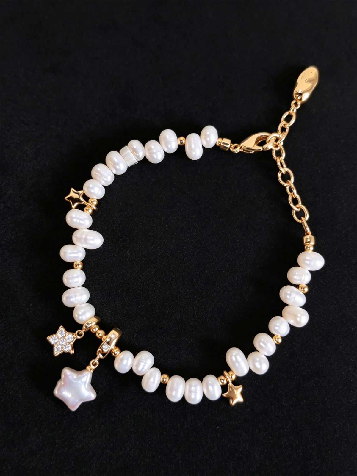 24K Gold-Plated Natural Pearl Celestial Star Charm Bracelet